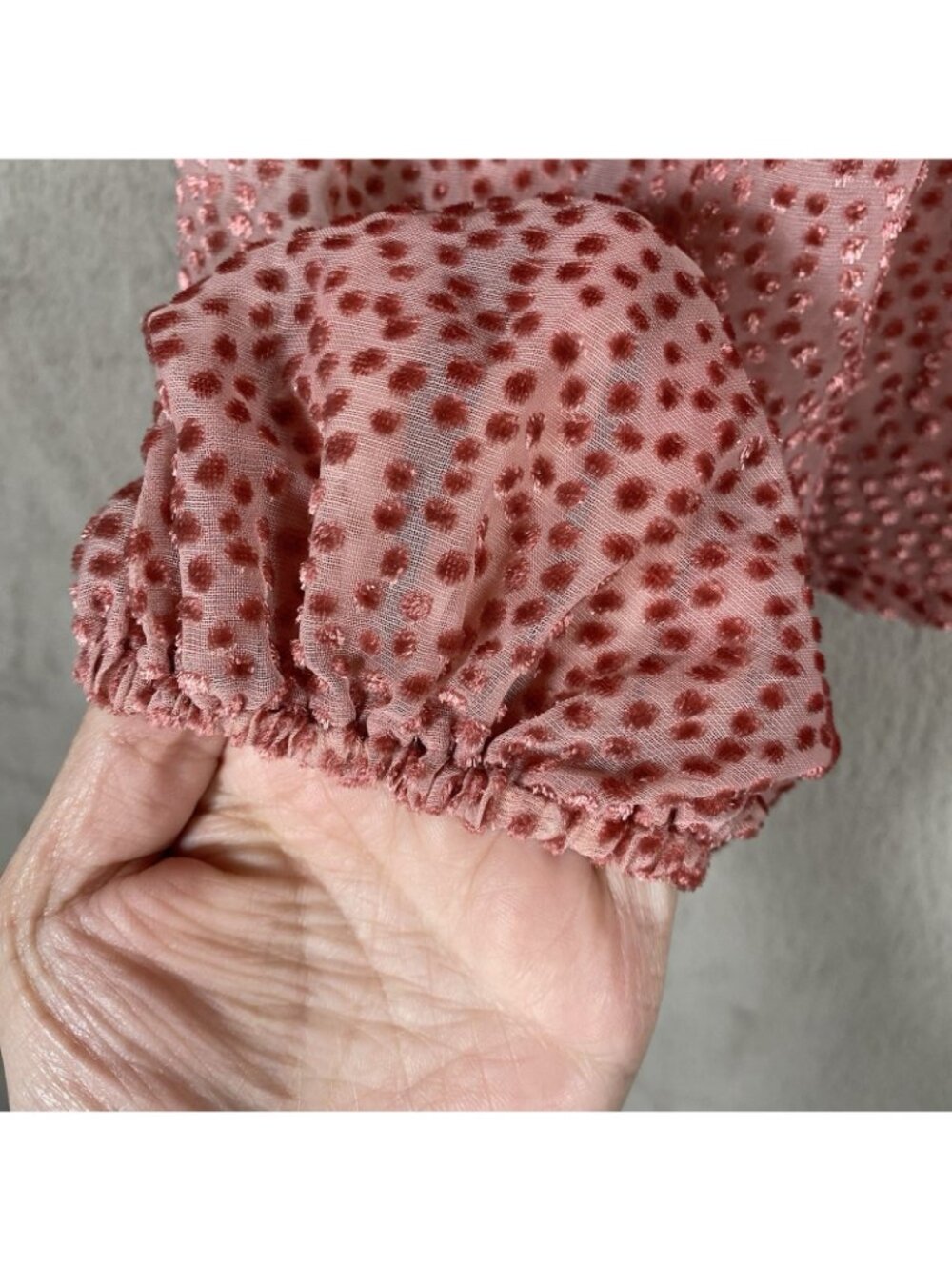 Lulus Top M Positive Influences Pink Dotted Long Sleeve Button Up Flocked Sheer - Picture 9 of 16